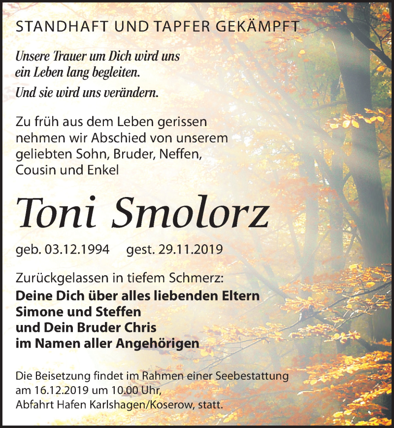  Traueranzeige für Toni Smolorz vom 14.12.2019 aus Leipziger Volkszeitung