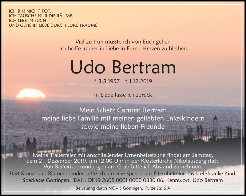  Traueranzeige für Udo Bertram vom 07.12.2019 aus Göttinger Tageblatt
