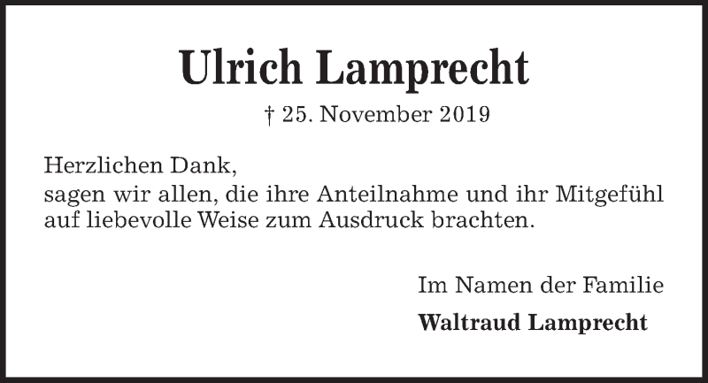  Traueranzeige für Ulrich Lamprecht vom 21.12.2019 aus Kieler Nachrichten