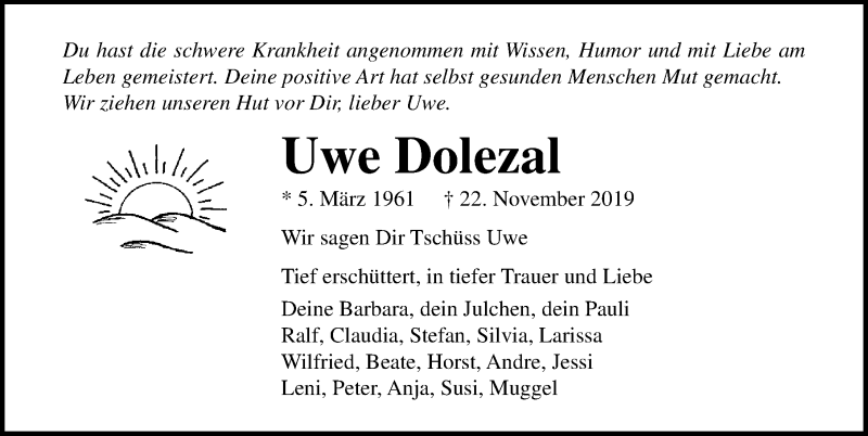  Traueranzeige für Uwe Dolezal vom 22.12.2019 aus Lübecker Nachrichten
