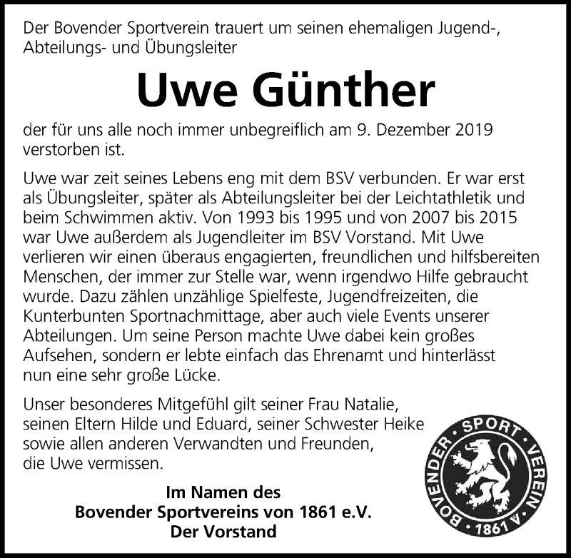  Traueranzeige für Uwe Günther vom 21.12.2019 aus Göttinger Tageblatt