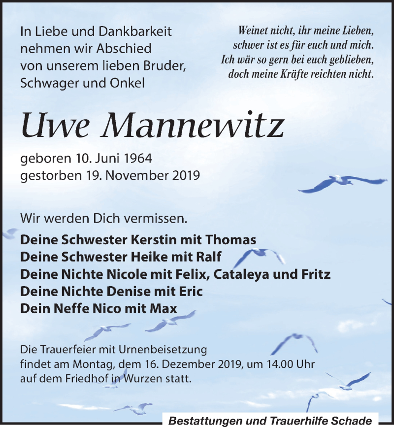  Traueranzeige für Uwe Mannewitz vom 07.12.2019 aus Leipziger Volkszeitung