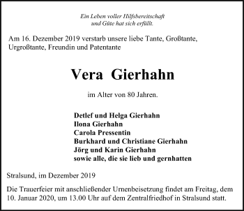 Traueranzeige von Vera Gierhahn von Ostsee-Zeitung GmbH