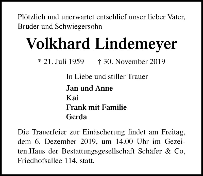  Traueranzeige für Volkhard Lindemeyer vom 04.12.2019 aus Lübecker Nachrichten