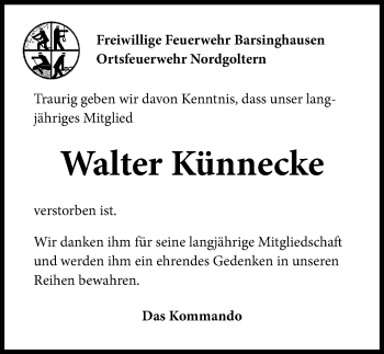 Traueranzeige von Walter Künnecke von Hannoversche Allgemeine Zeitung/Neue Presse