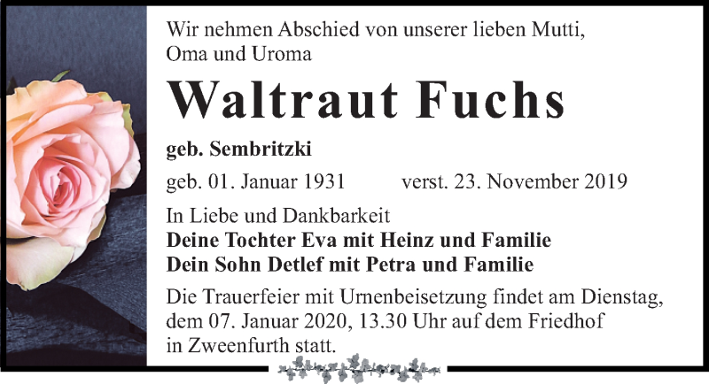  Traueranzeige für Waltraut Fuchs vom 14.12.2019 aus Leipziger Volkszeitung