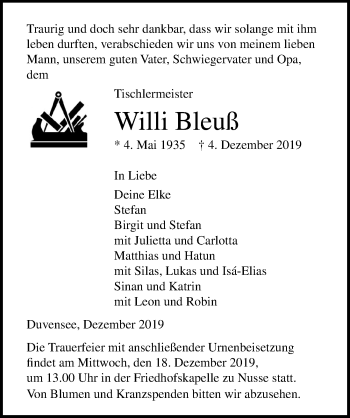 Traueranzeige von Willi Bleuß von Lübecker Nachrichten