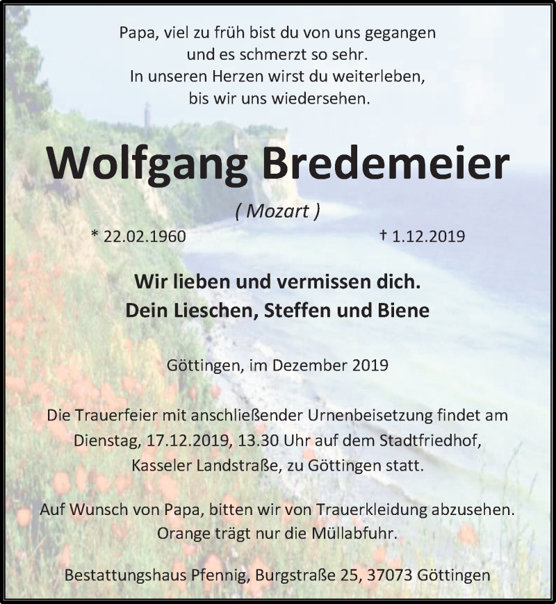  Traueranzeige für Wolfgang Bredemeier vom 07.12.2019 aus Göttinger Tageblatt