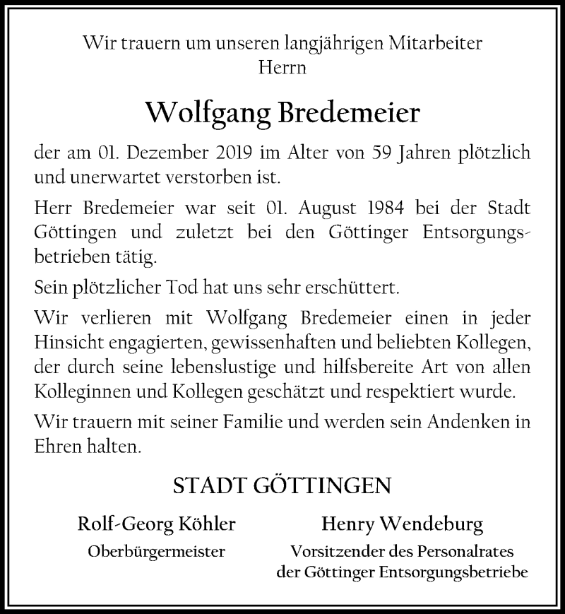  Traueranzeige für Wolfgang Bredemeier vom 09.12.2019 aus Göttinger Tageblatt