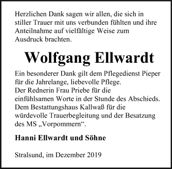 Traueranzeige von Wolfgang Ellwardt von Ostsee-Zeitung GmbH