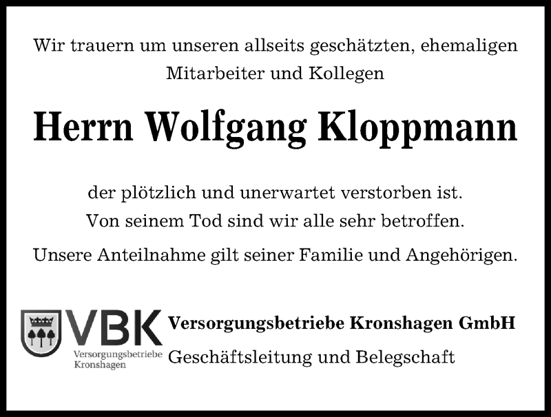  Traueranzeige für Wolfgang Kloppmann vom 19.12.2019 aus Kieler Nachrichten