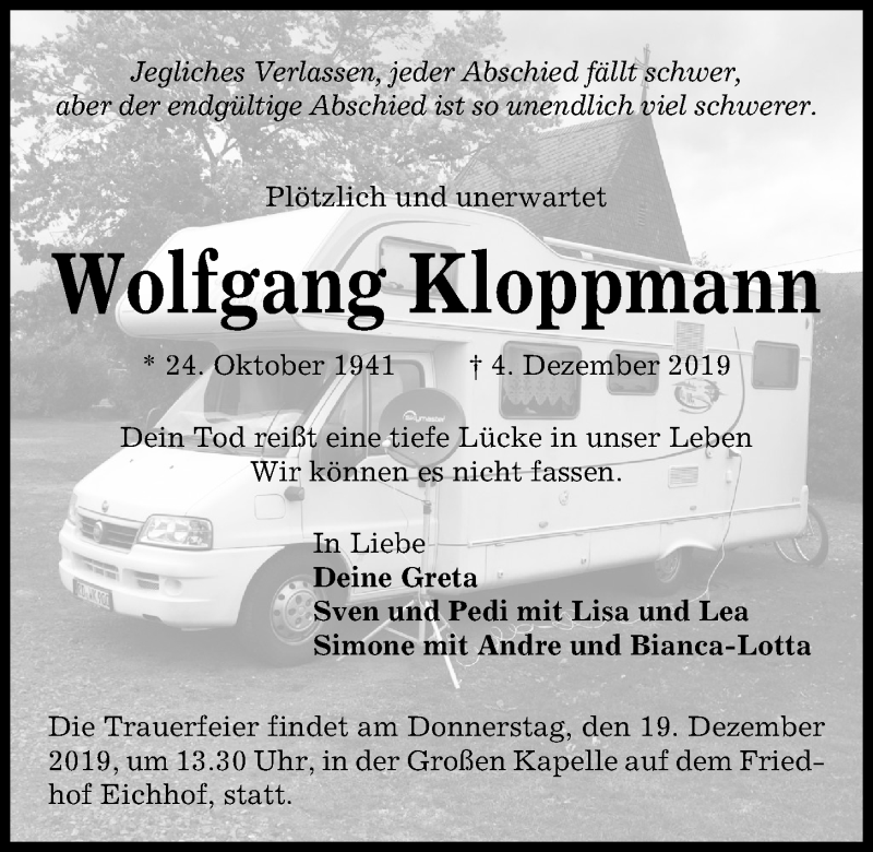  Traueranzeige für Wolfgang Kloppmann vom 17.12.2019 aus Kieler Nachrichten