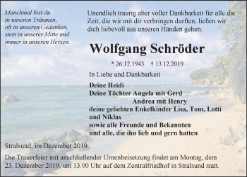 Traueranzeige von Wolfgang Schröder von Ostsee-Zeitung GmbH