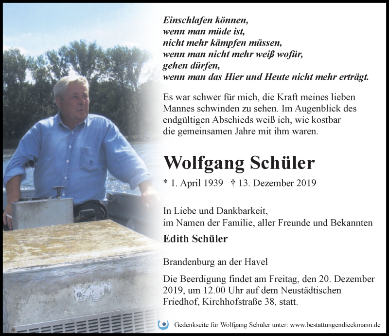  Traueranzeige für Wolfgang Schüler vom 17.12.2019 aus Märkischen Allgemeine Zeitung