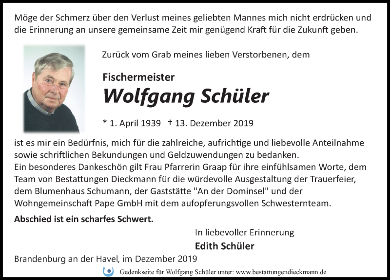 Traueranzeige für Wolfgang Schüler vom 28.12.2019 aus Märkischen Allgemeine Zeitung