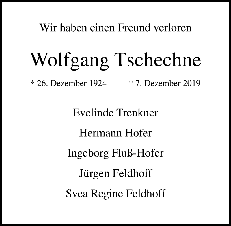  Traueranzeige für Wolfgang Tschechne vom 15.12.2019 aus Lübecker Nachrichten