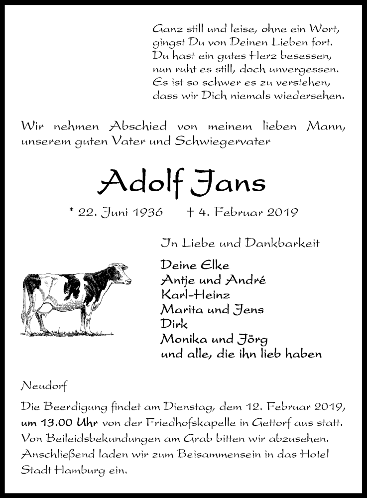  Traueranzeige für Adolf Jans vom 11.02.2019 aus Kieler Nachrichten