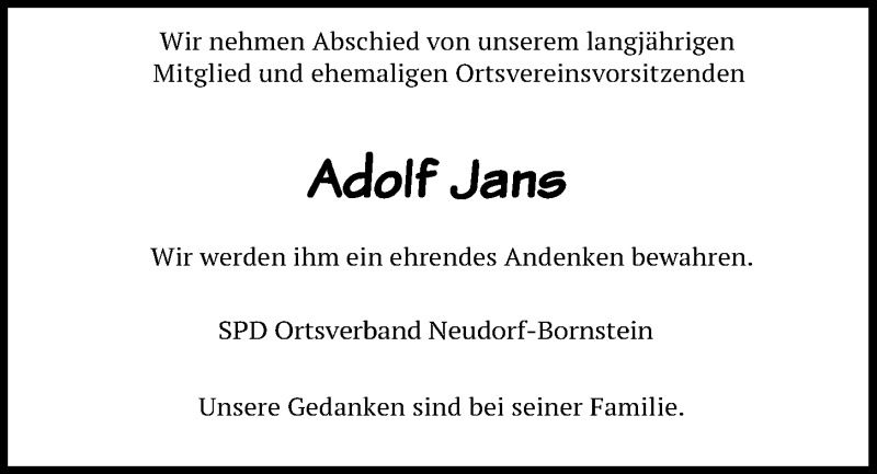 Traueranzeige für Adolf Jans vom 09.02.2019 aus Kieler Nachrichten