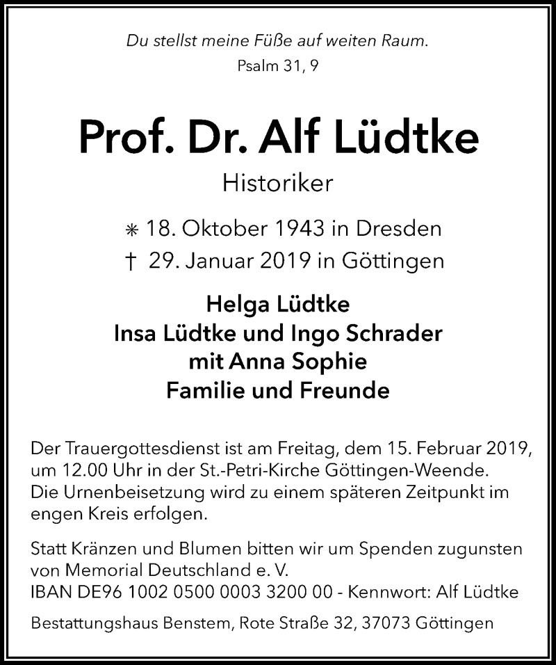 Traueranzeigen von Alf Lüdtke traueranzeigen.de