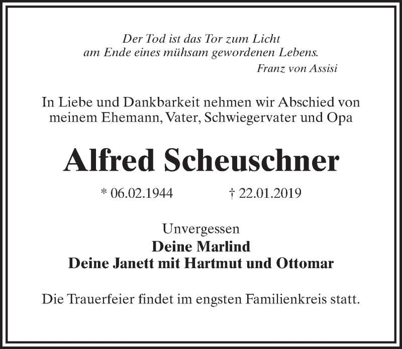  Traueranzeige für Alfred Scheuschner vom 02.02.2019 aus Märkischen Allgemeine Zeitung