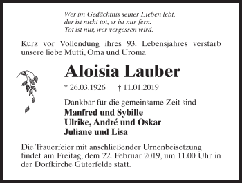 Traueranzeige von Aloisia Lauber von Märkischen Allgemeine Zeitung