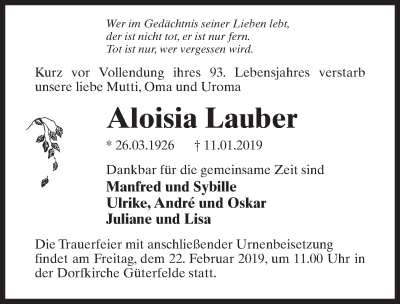  Traueranzeige für Aloisia Lauber vom 26.01.2019 aus Märkischen Allgemeine Zeitung