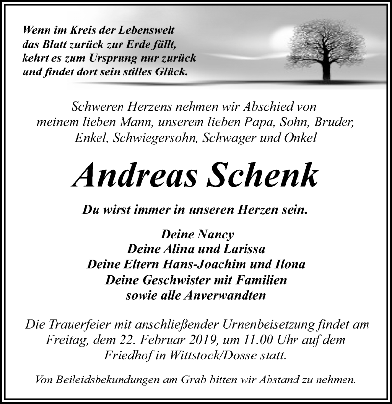  Traueranzeige für Andreas Schenk vom 16.02.2019 aus Märkischen Allgemeine Zeitung