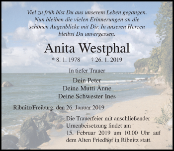 Traueranzeige von Anita Westphal von Ostsee-Zeitung GmbH