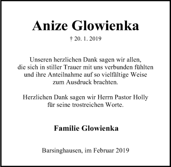 Traueranzeige von Anize Glowienka von Hannoversche Allgemeine Zeitung/Neue Presse