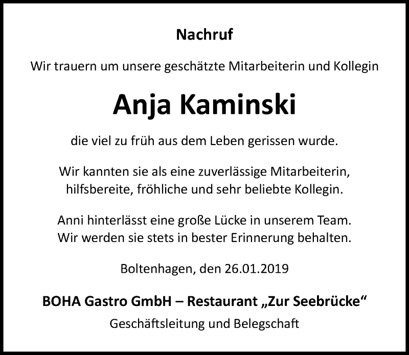  Traueranzeige für Anja Kaminski vom 06.02.2019 aus Ostsee-Zeitung GmbH