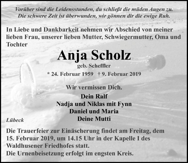  Traueranzeige für Anja Scholz vom 13.02.2019 aus Lübecker Nachrichten