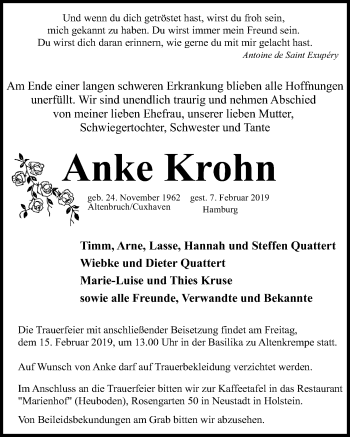 Traueranzeige von Anke Krohn von Lübecker Nachrichten