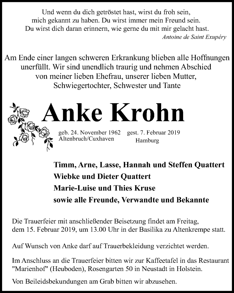  Traueranzeige für Anke Krohn vom 13.02.2019 aus Lübecker Nachrichten