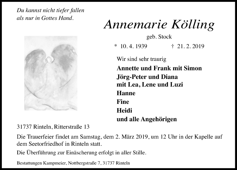  Traueranzeige für Annemarie Kölling vom 23.02.2019 aus 