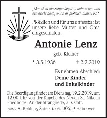 Traueranzeige von Antonie Lenz von Hannoversche Allgemeine Zeitung/Neue Presse