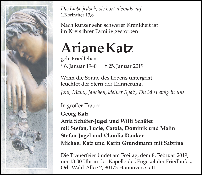  Traueranzeige für Ariane Katz vom 02.02.2019 aus Hannoversche Allgemeine Zeitung/Neue Presse