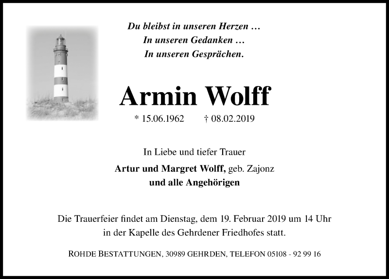  Traueranzeige für Armin Wolff vom 13.02.2019 aus Hannoversche Allgemeine Zeitung/Neue Presse