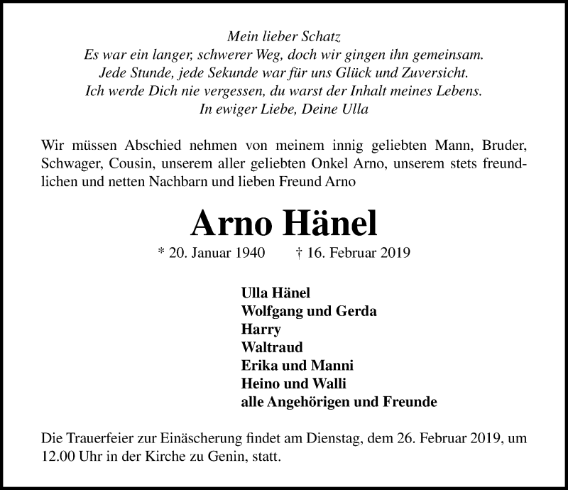  Traueranzeige für Arno Hänel vom 24.02.2019 aus Lübecker Nachrichten