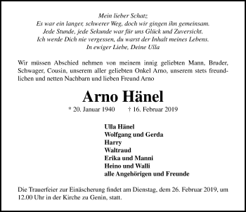 Traueranzeige von Arno Hänel von Lübecker Nachrichten