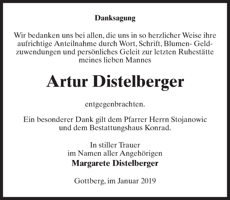  Traueranzeige für Artur Distelberger vom 31.01.2019 aus Märkischen Allgemeine Zeitung