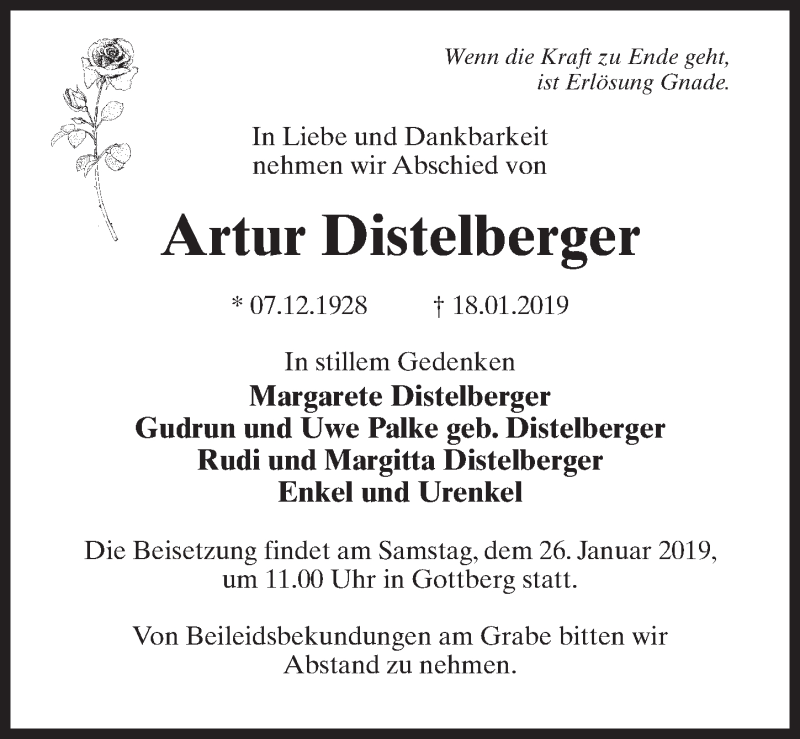  Traueranzeige für Artur Distelberger vom 22.01.2019 aus Märkischen Allgemeine Zeitung
