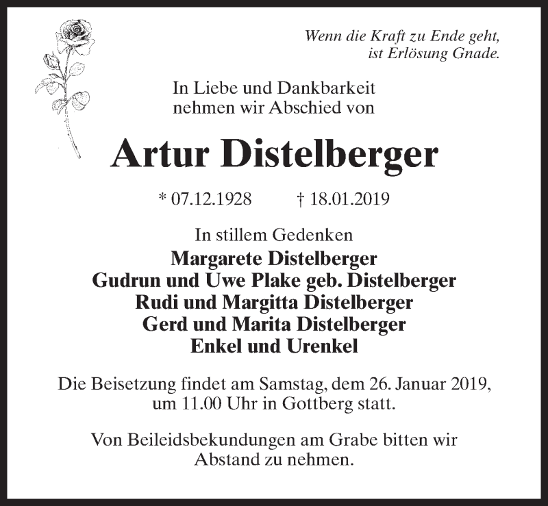  Traueranzeige für Artur Distelberger vom 23.01.2019 aus Märkischen Allgemeine Zeitung