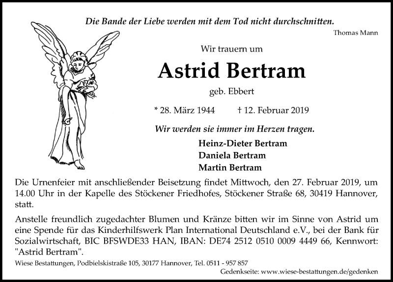  Traueranzeige für Astrid Bertram vom 23.02.2019 aus Hannoversche Allgemeine Zeitung/Neue Presse