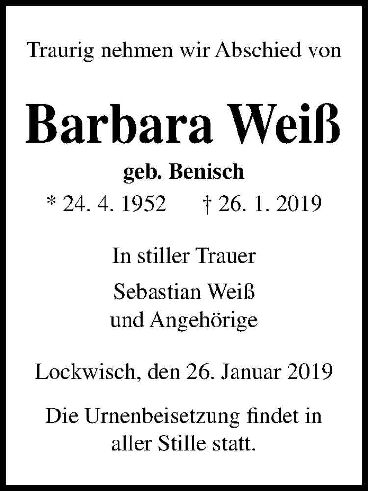  Traueranzeige für Barbara Weiß vom 05.02.2019 aus Ostsee-Zeitung GmbH