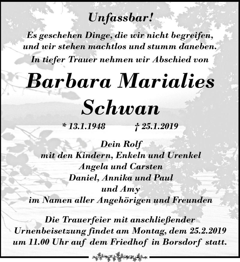  Traueranzeige für Barbara Marialies Schwan vom 16.02.2019 aus Leipziger Volkszeitung