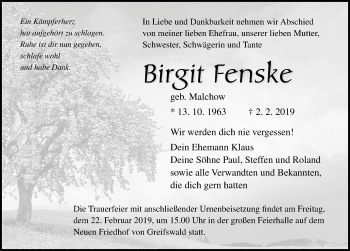 Traueranzeige von Birgit Fenske von Ostsee-Zeitung GmbH