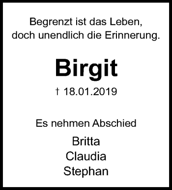 Traueranzeige von Birgit Grohmann von Lübecker Nachrichten