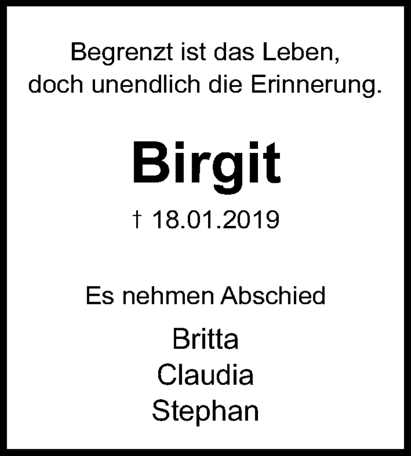  Traueranzeige für Birgit Grohmann vom 10.02.2019 aus Lübecker Nachrichten