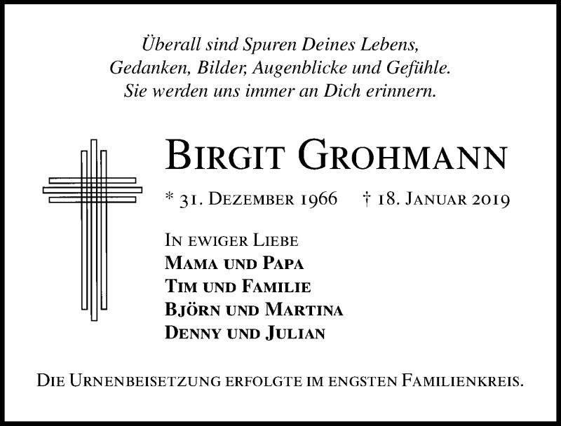  Traueranzeige für Birgit Grohmann vom 10.02.2019 aus Lübecker Nachrichten