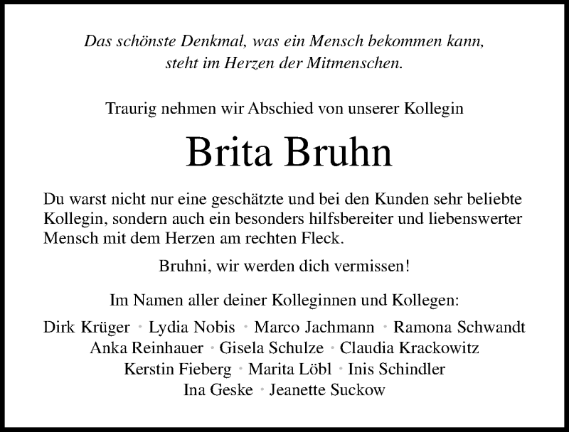  Traueranzeige für Brita Bruhn vom 26.01.2019 aus Ostsee-Zeitung GmbH